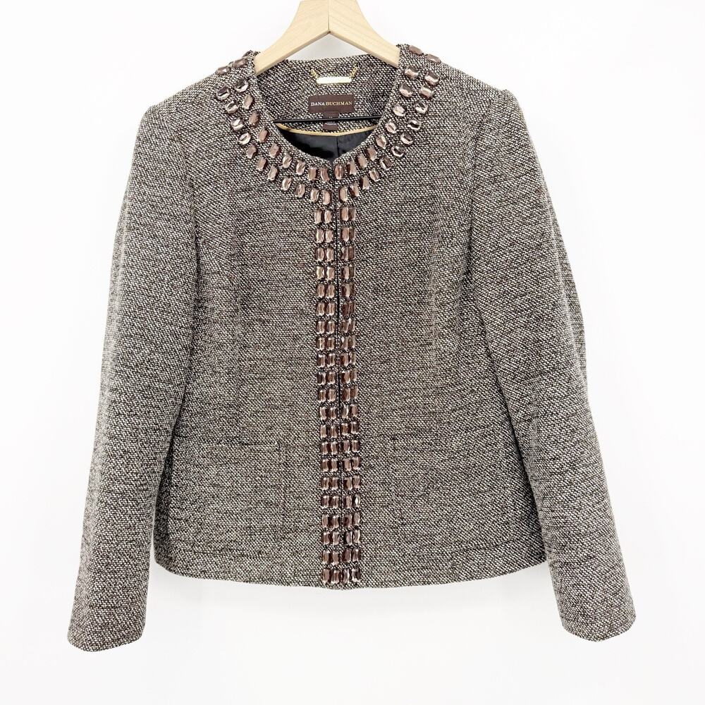 Dana Buchman Embellished Tweed‎ Jacket Blazer 14 Jeweled Collar Gold Metallic